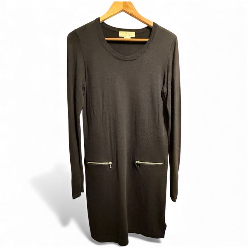 Michael Kors Black Long Sleeve Sweater Dress with Zipper Accents Medium